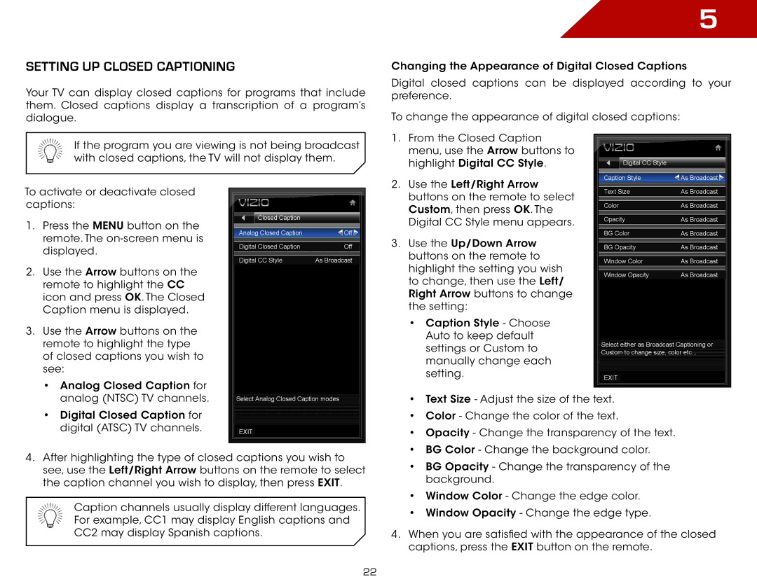 Vizio E191VA specifications Setting Up Closed Captioning 