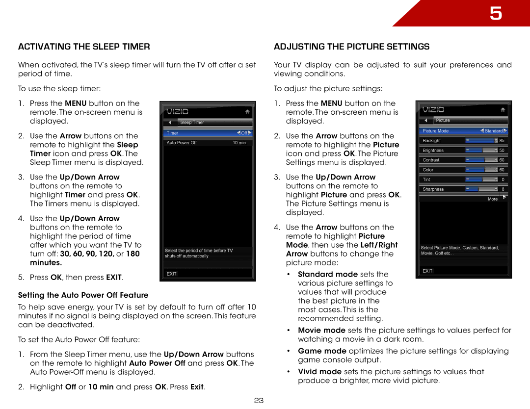 Vizio E191VA specifications Activating the Sleep Timer, Adjusting the Picture Settings 