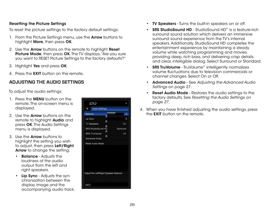 Vizio E191VA specifications Adjusting the Audio Settings, Advanced Audio See Adjusting the Advanced Audio 