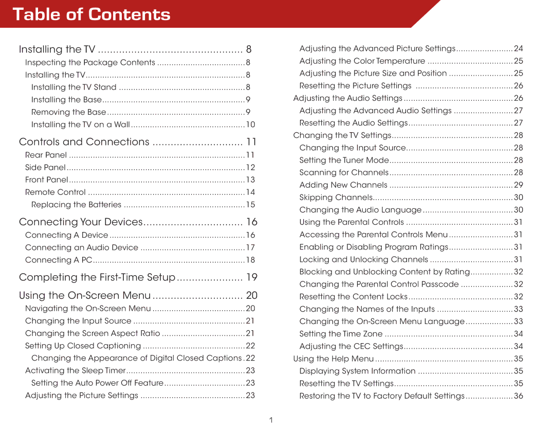 Vizio E191VA specifications Table of Contents 