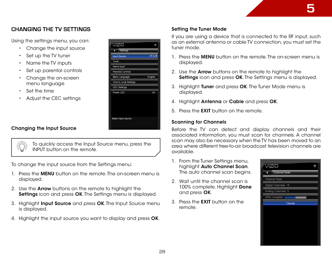 Vizio E191VA specifications Changing the TV Settings 