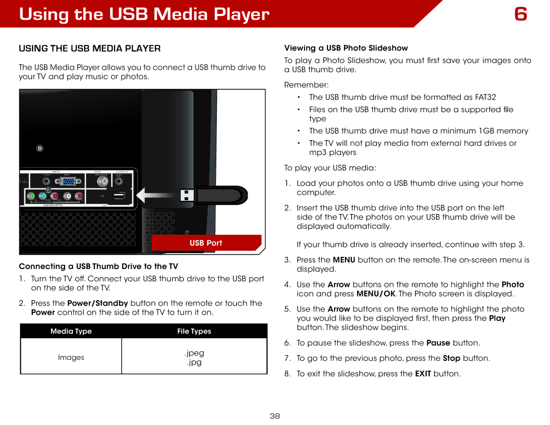 Vizio E191VA specifications Using the USB Media Player 