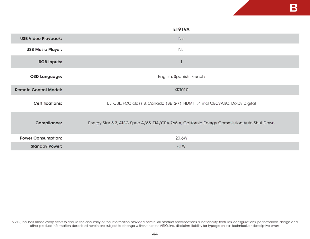 Vizio E191VA specifications 