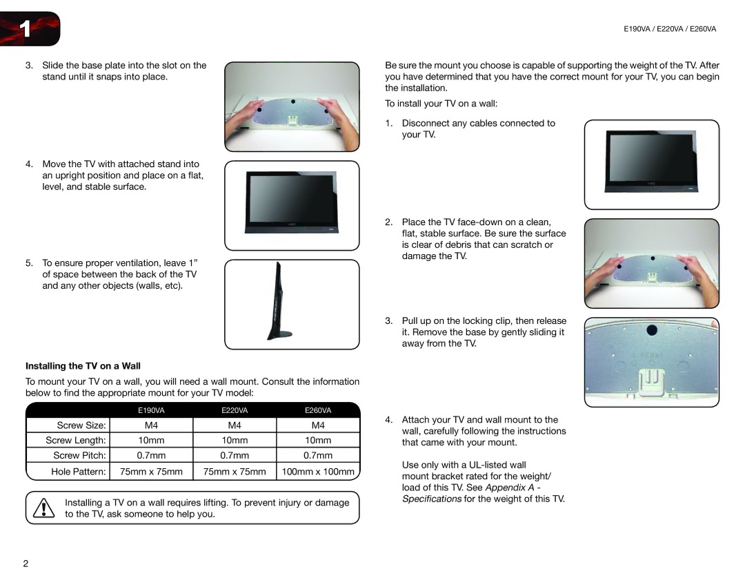 Vizio E220VA, E190VA user manual Installing the TV on a Wall 