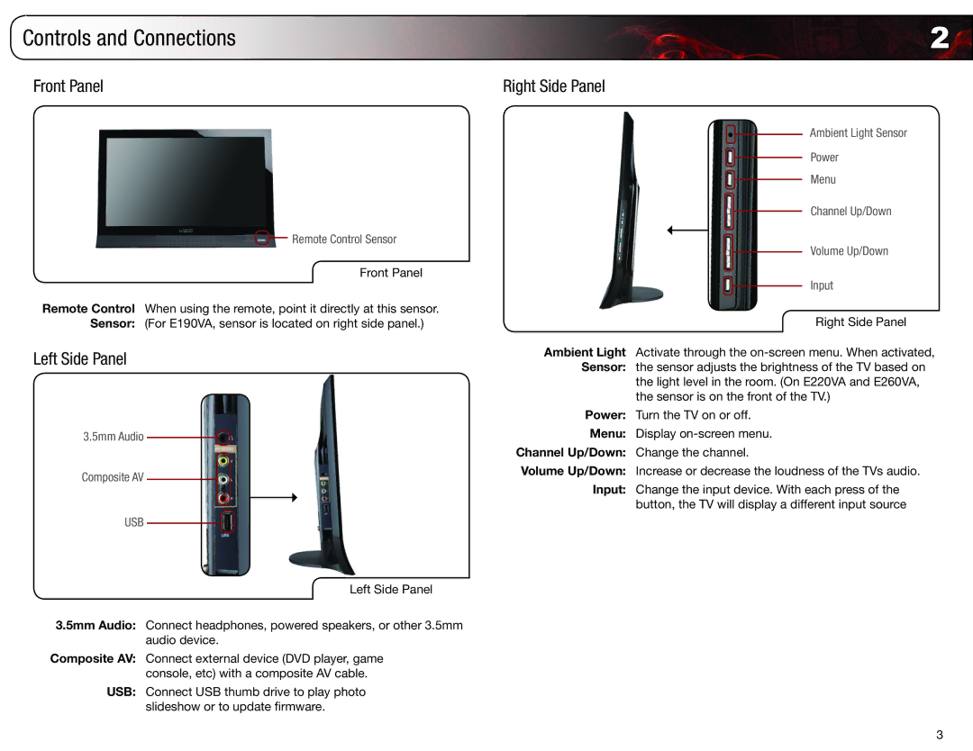 Vizio E190VA, E220VA user manual Controls and Connections, Front Panel, Left Side Panel, Right Side Panel 