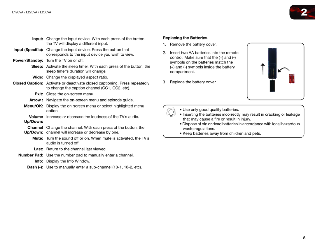 Vizio E190VA Input Specific, Sleep, Wide, Closed Caption, Exit, Arrow, Volume, Up/Down Channel, Last, Number Pad, Info 