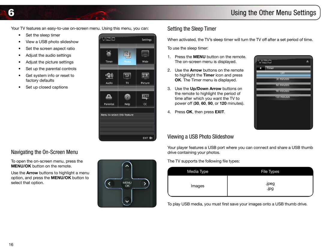 Vizio E220VA, E190VA user manual Navigating the On-Screen Menu, Setting the Sleep Timer, Viewing a USB Photo Slideshow 