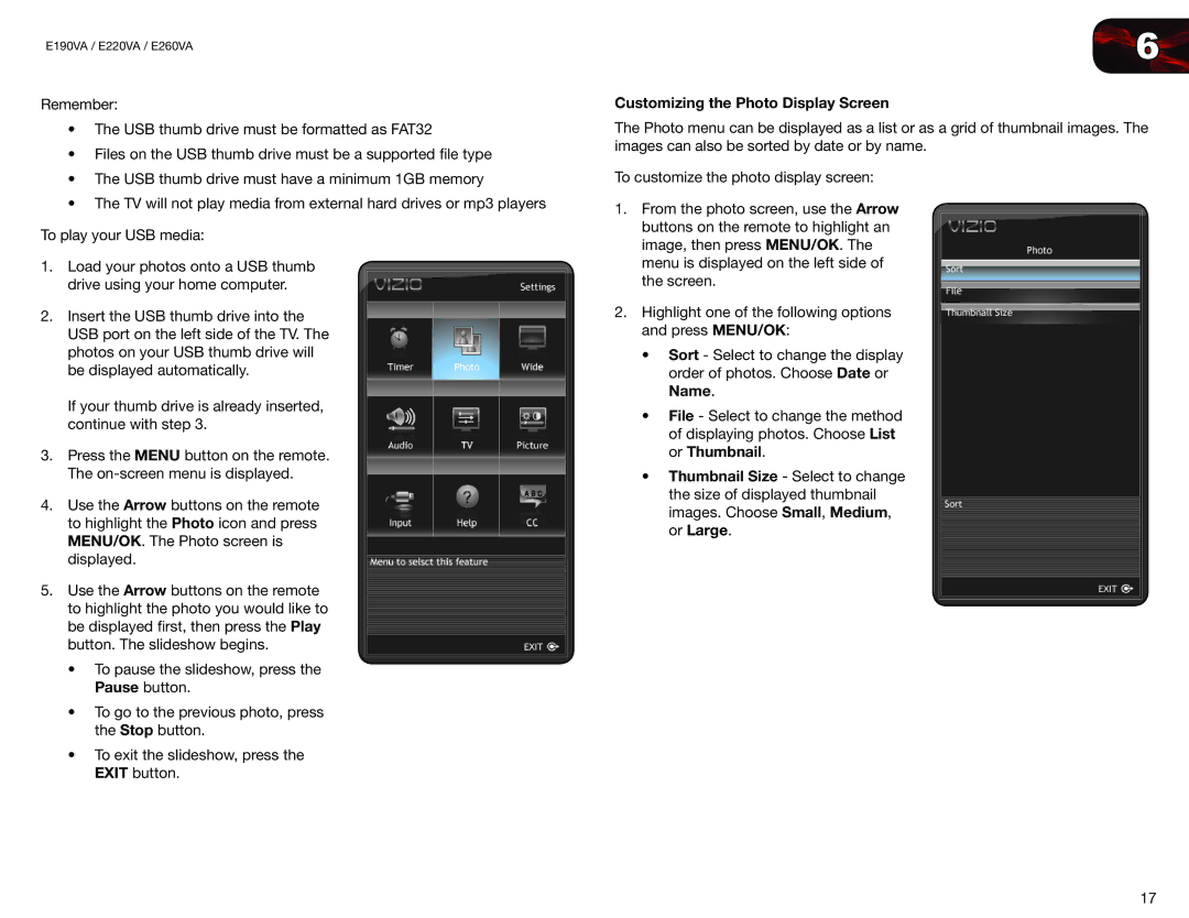 Vizio E190VA, E220VA user manual Customizing the Photo Display Screen 