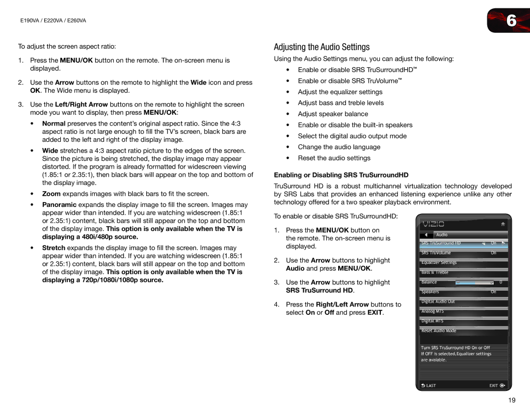 Vizio E190VA, E220VA user manual Adjusting the Audio Settings, Enabling or Disabling SRS TruSurroundHD 