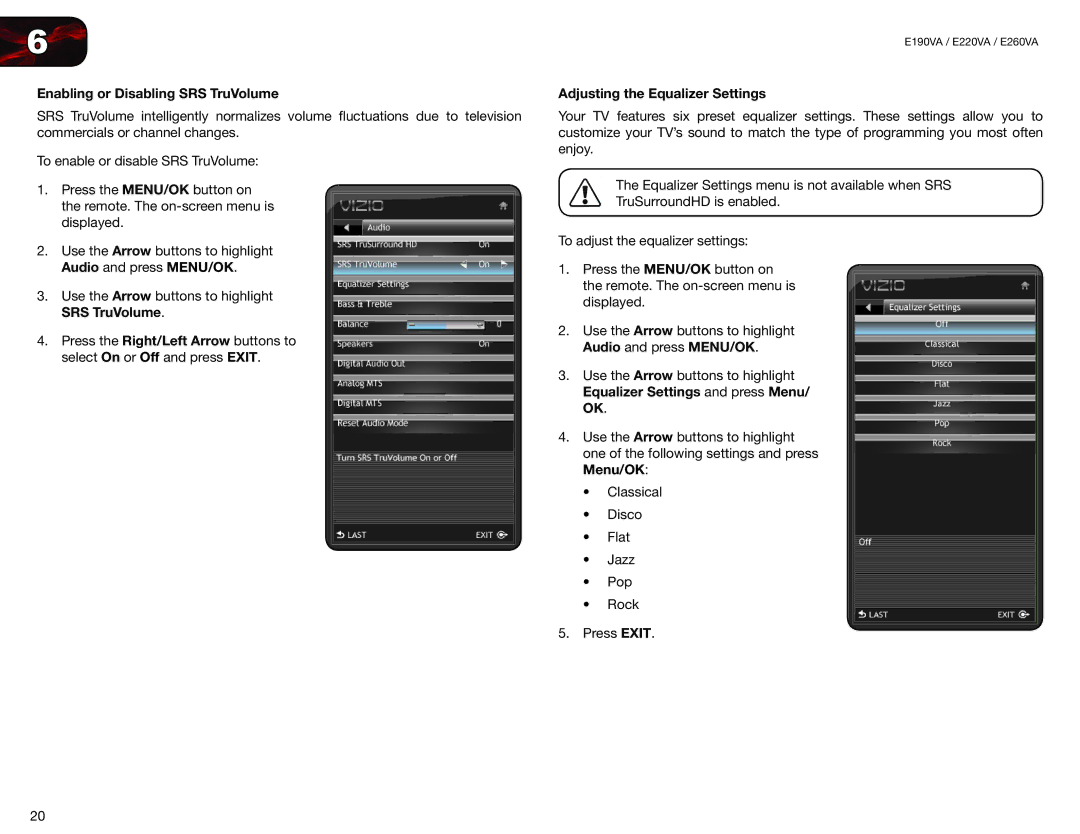 Vizio E220VA, E190VA user manual Enabling or Disabling SRS TruVolume, Adjusting the Equalizer Settings 