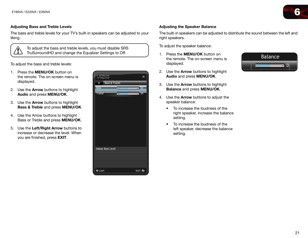 Vizio E190VA, E220VA user manual Adjusting Bass and Treble Levels, Adjusting the Speaker Balance 