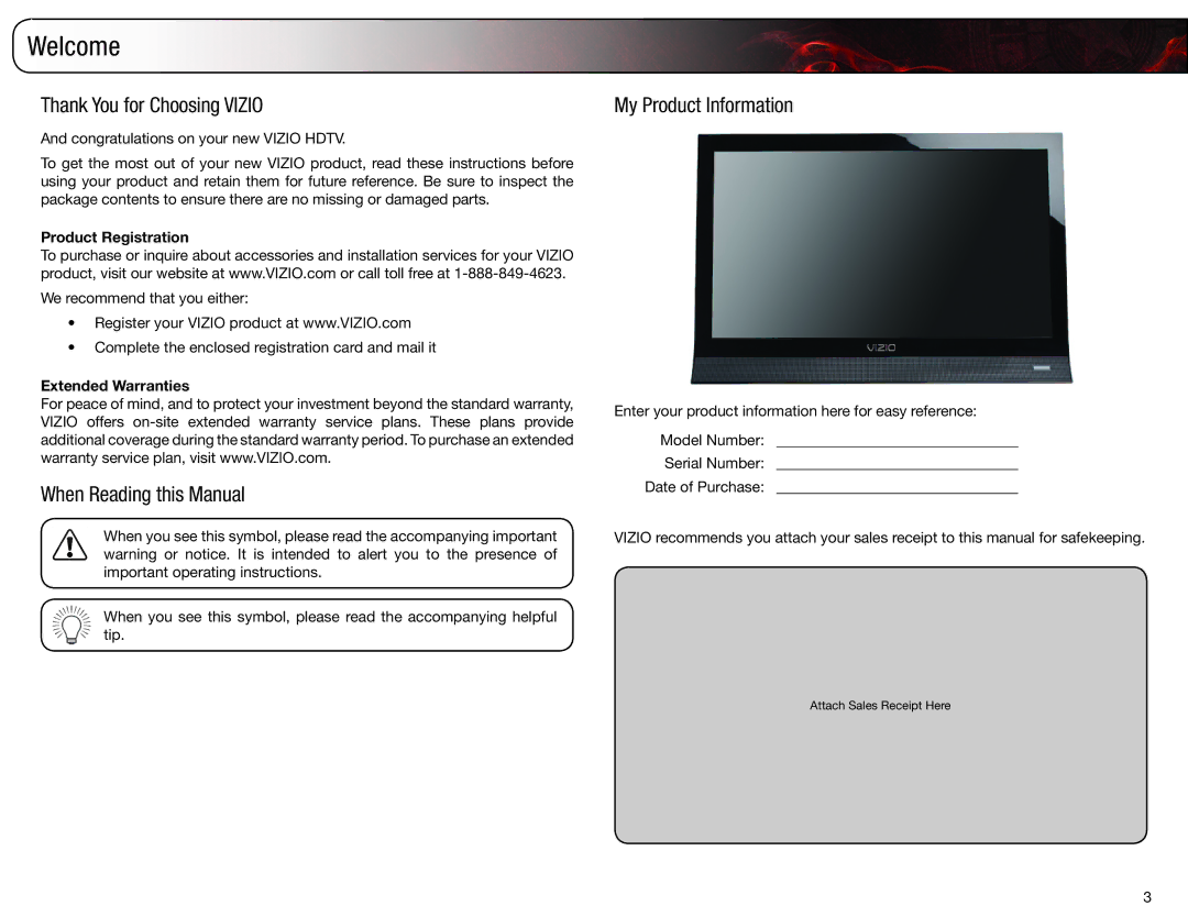 Vizio E190VA, E220VA user manual Welcome, Thank You for Choosing Vizio, When Reading this Manual, My Product Information 