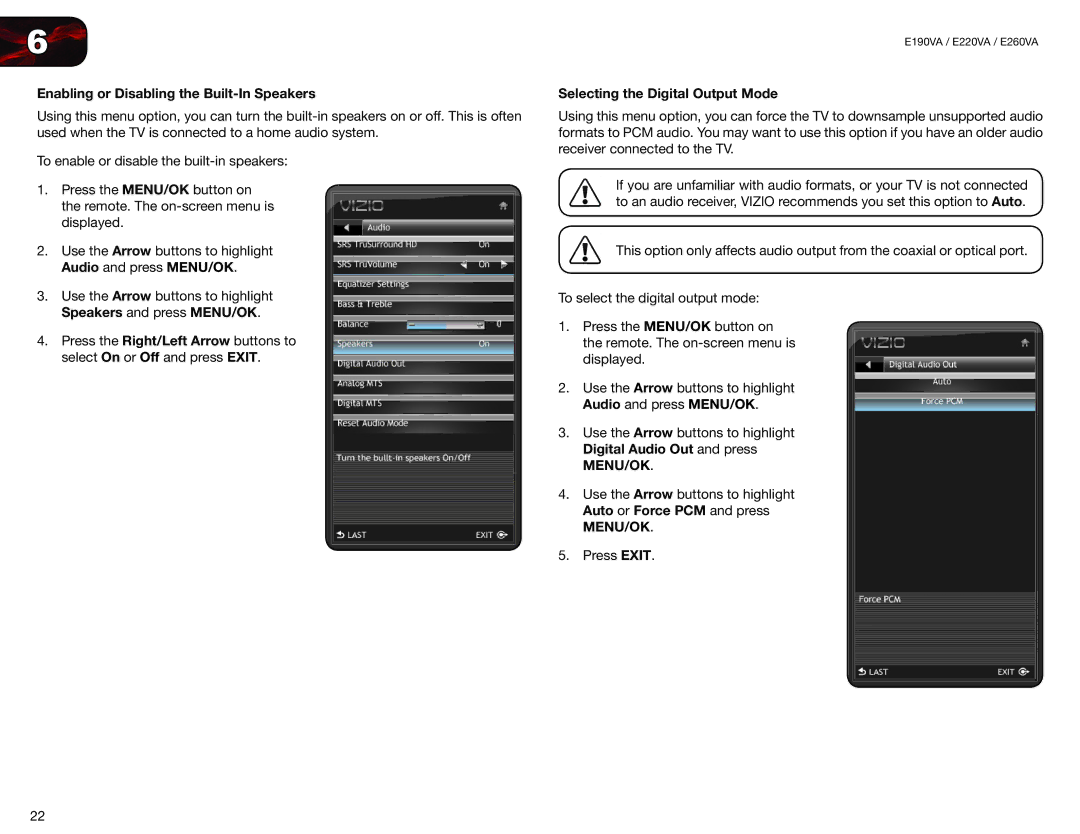 Vizio E220VA, E190VA user manual Enabling or Disabling the Built-In Speakers, Selecting the Digital Output Mode 