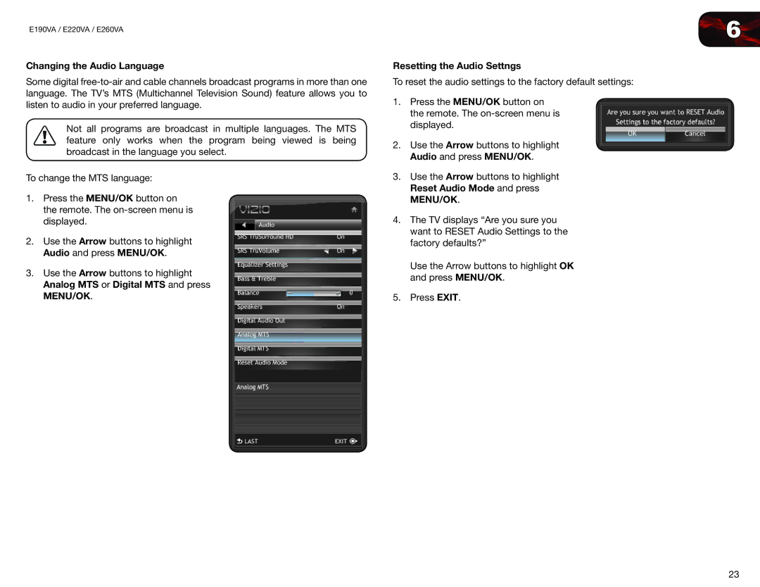 Vizio E190VA, E220VA user manual Changing the Audio Language, Resetting the Audio Settngs 