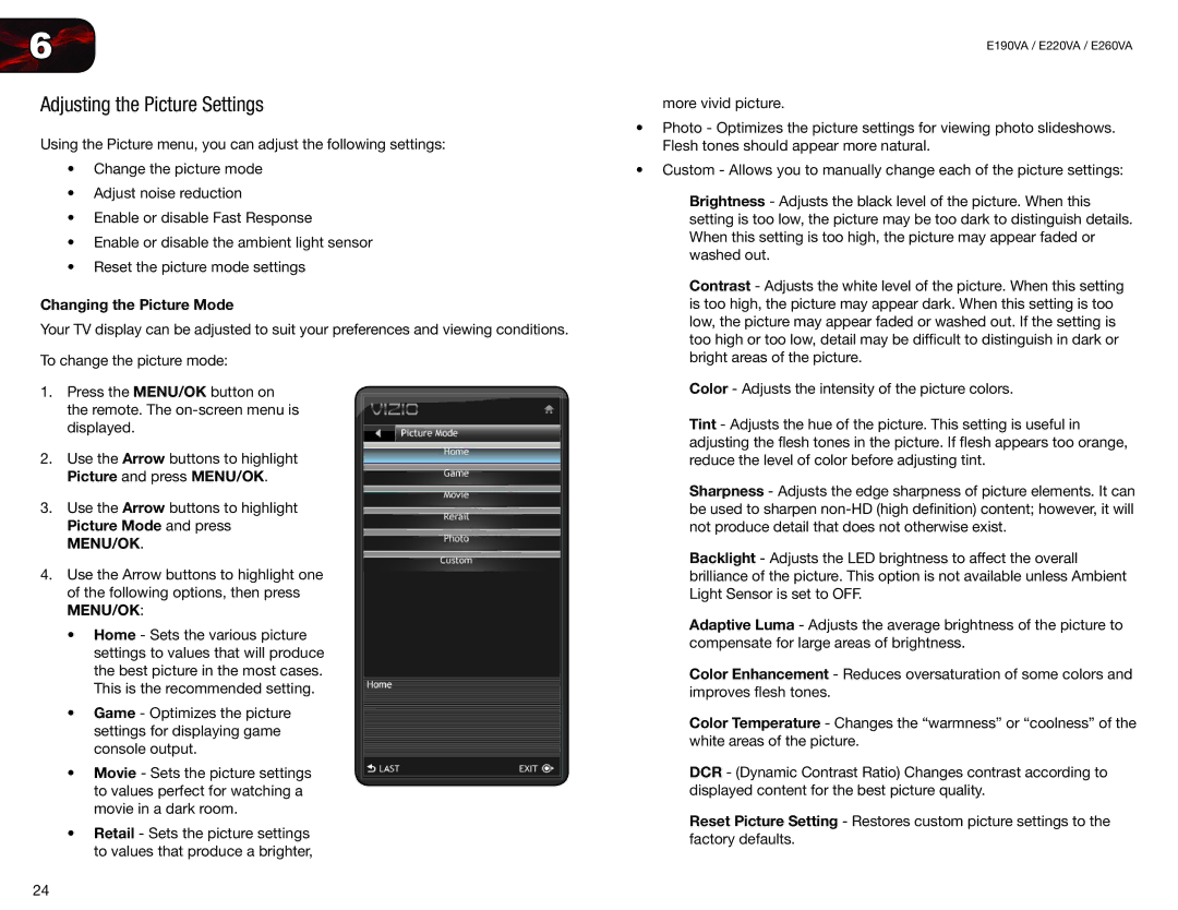 Vizio E220VA, E190VA user manual Adjusting the Picture Settings, Changing the Picture Mode 