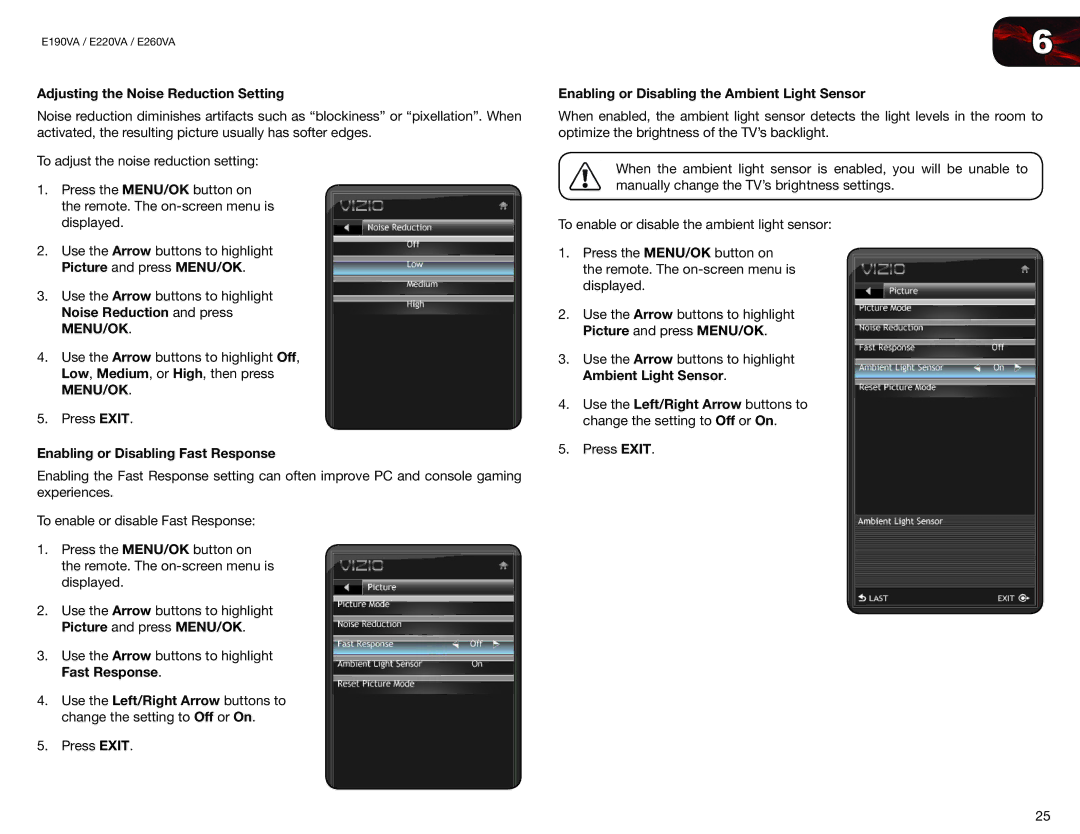 Vizio E190VA, E220VA user manual Adjusting the Noise Reduction Setting, Enabling or Disabling Fast Response 