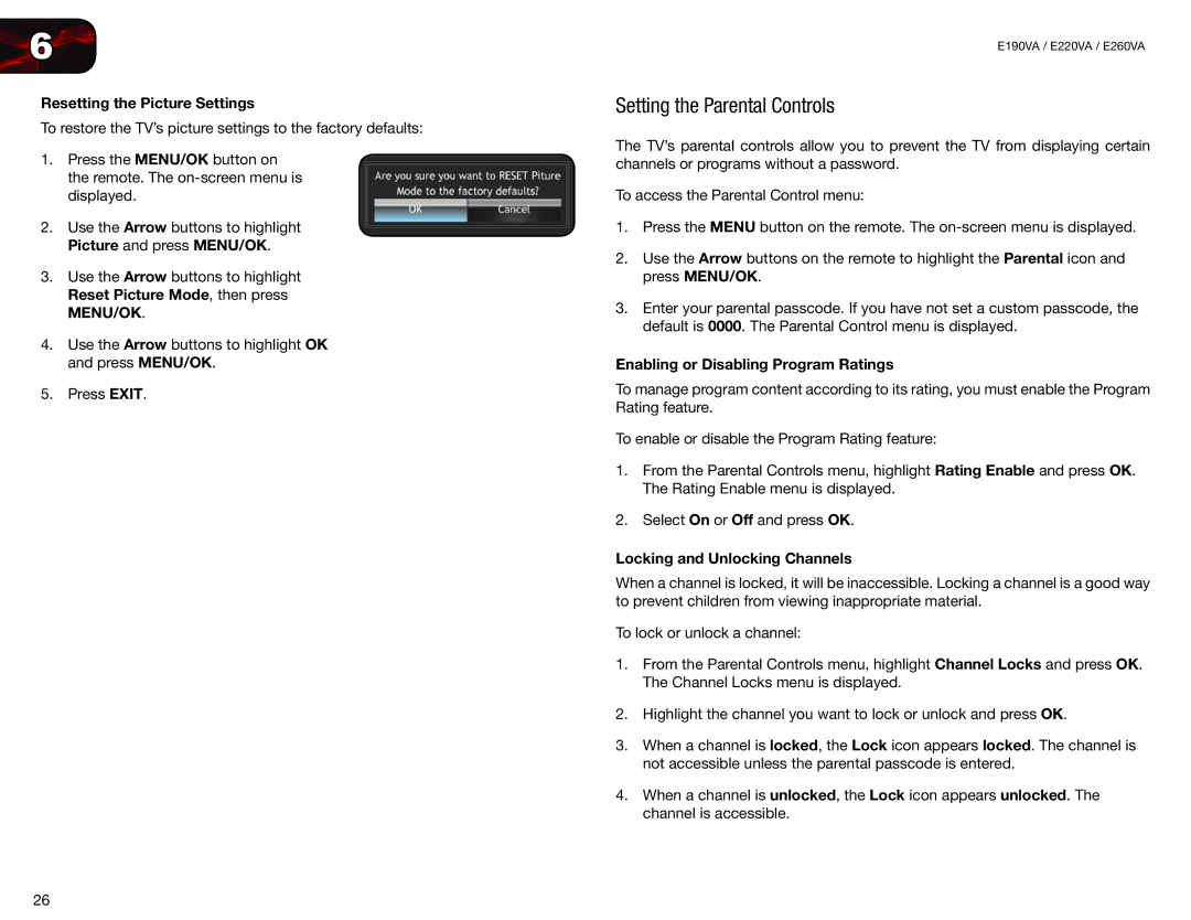 Vizio E220VA, E190VA Setting the Parental Controls, Resetting the Picture Settings, Enabling or Disabling Program Ratings 