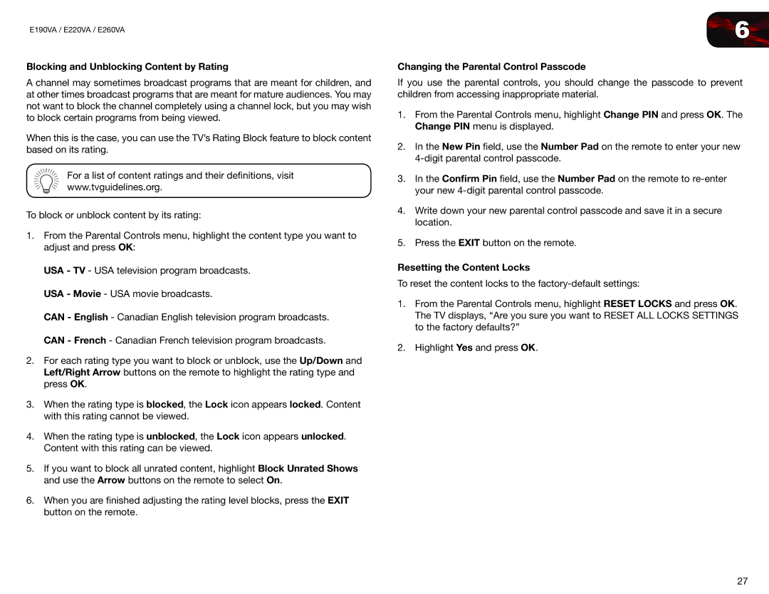Vizio E190VA, E220VA user manual Blocking and Unblocking Content by Rating, Changing the Parental Control Passcode 