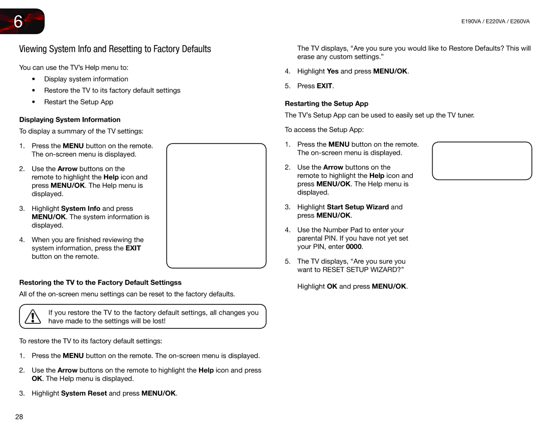 Vizio E220VA, E190VA user manual Viewing System Info and Resetting to Factory Defaults, Displaying System Information 