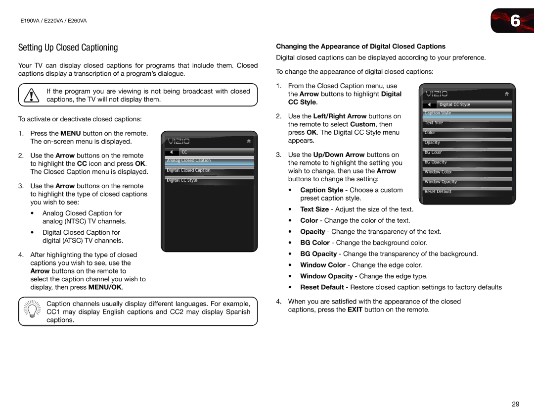 Vizio E190VA, E220VA user manual Setting Up Closed Captioning, Changing the Appearance of Digital Closed Captions 