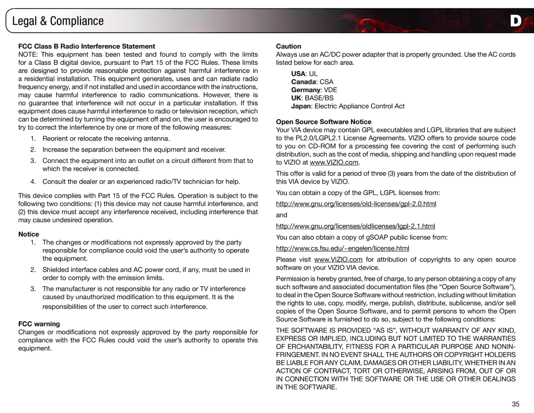 Vizio E190VA, E220VA Legal & Compliance, FCC Class B Radio Interference Statement, FCC warning, Canada CSA Germany VDE 