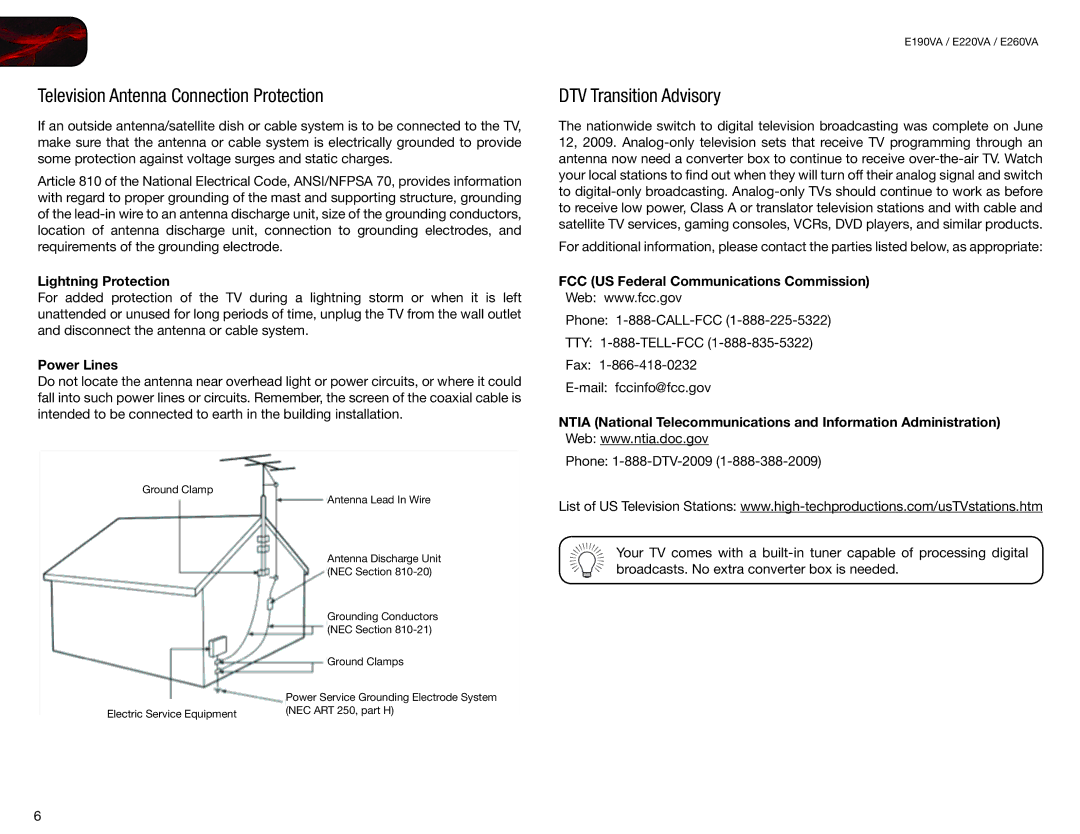 Vizio E220VA, E190VA Television Antenna Connection Protection, DTV Transition Advisory, Lightning Protection, Power Lines 