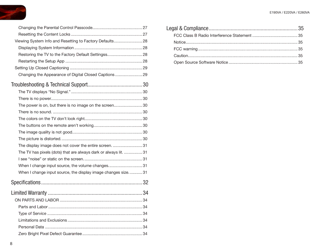 Vizio E220VA, E190VA user manual Troubleshooting & Technical Support 