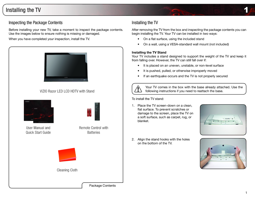 Vizio E190VA, E220VA user manual Installing the TV, Inspecting the Package Contents 