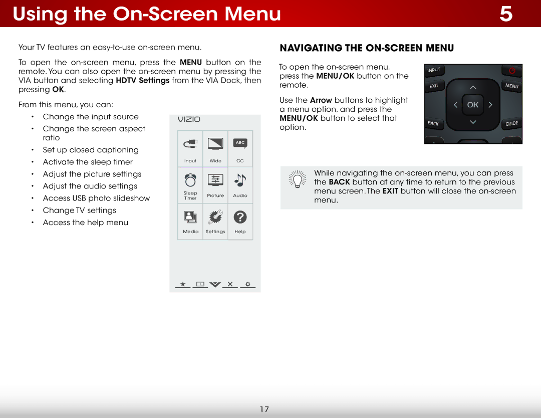 Vizio E221A1, E221-A1 user manual Using the On-Screen Menu, Navigating the On-Screen Menu 