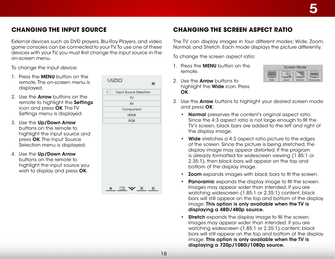 Vizio E221-A1, E221A1 user manual Changing the Input Source, Changing the Screen Aspect Ratio 