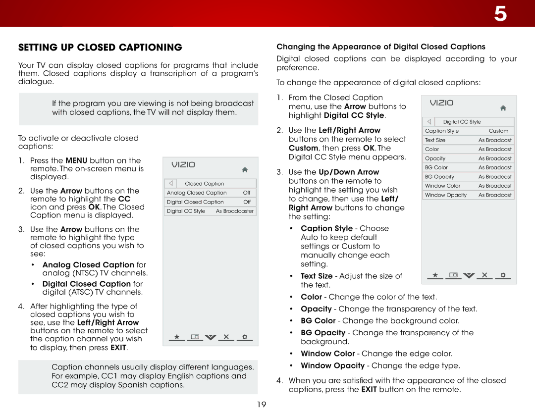 Vizio E221A1, E221-A1 user manual Setting Up Closed Captioning 