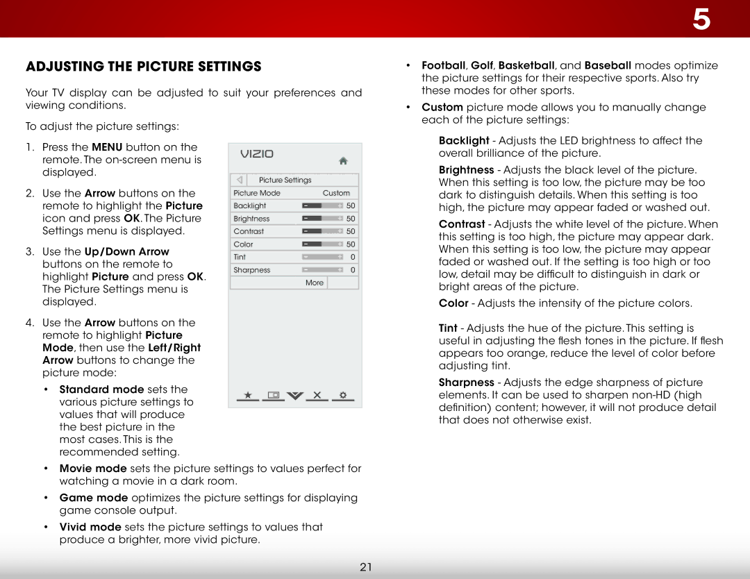 Vizio E221A1, E221-A1 user manual Adjusting the Picture Settings 