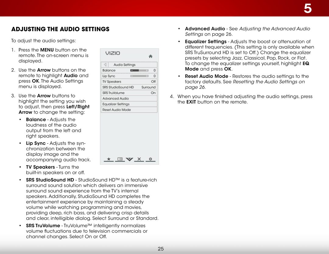 Vizio E221A1, E221-A1 user manual Adjusting the Audio Settings, Advanced Audio See Adjusting the Advanced Audio 