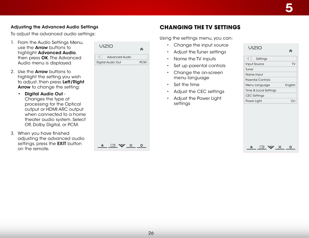 Vizio E221-A1, E221A1 user manual Changing the TV Settings 