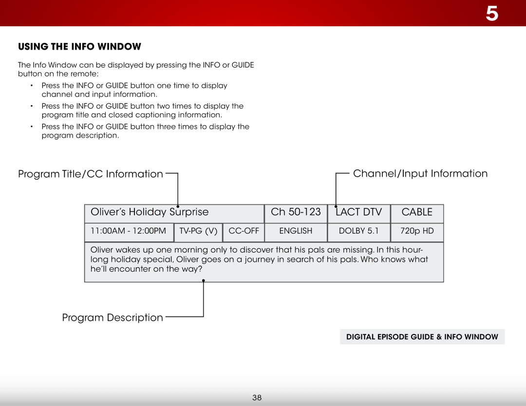 Vizio E221-A1, E221A1 user manual Lact DTV Cable, Using the Info Window 