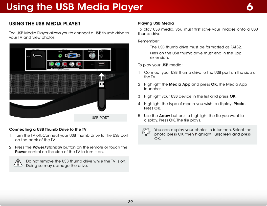 Vizio E221A1, E221-A1 user manual Using the USB Media Player, USB Port 