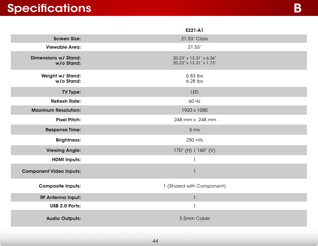 Vizio E221-A1, E221A1 user manual Specifications 