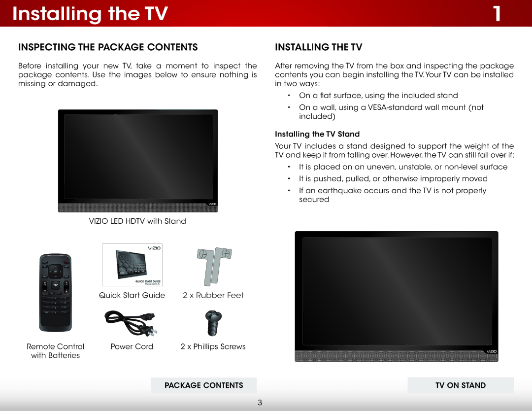 Vizio E221A1, E221-A1 user manual Installing the TV, Inspecting the Package Contents 