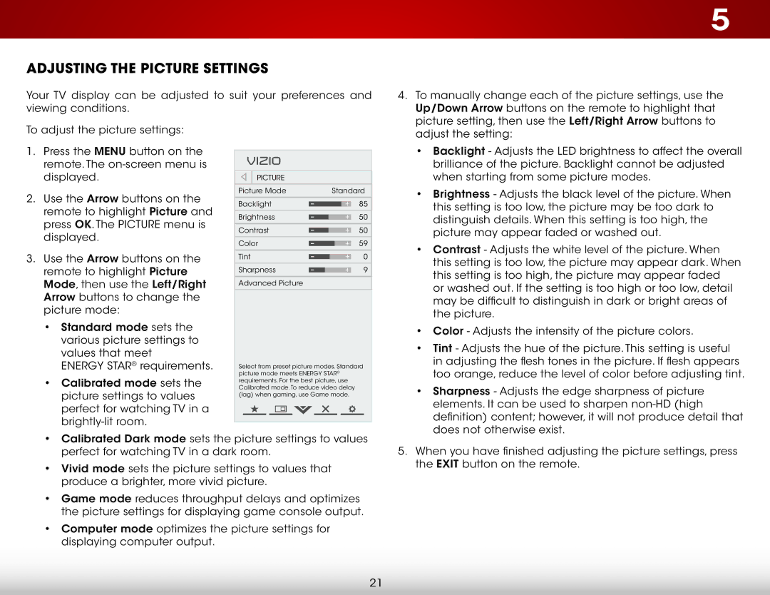 Vizio E221-A1 user manual Adjusting the Picture Settings, Vizio 