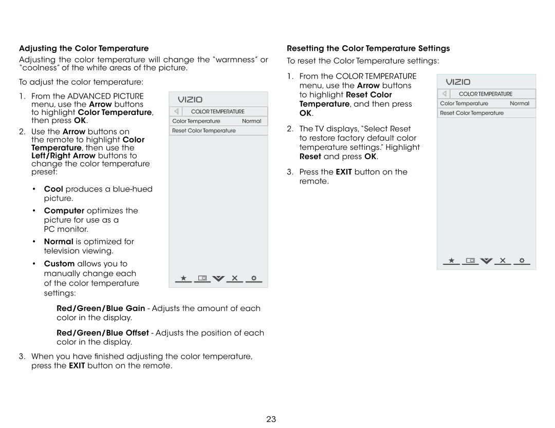 Vizio E221-A1 user manual To highlight Reset Color 