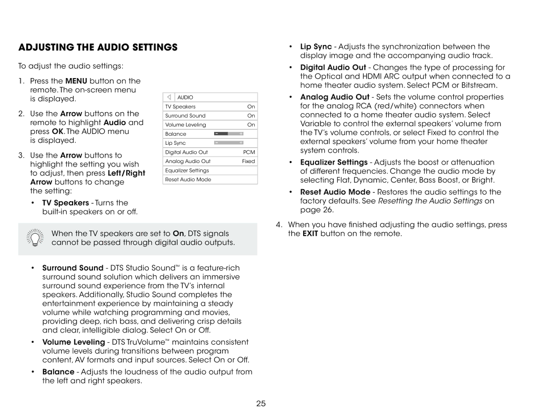 Vizio E221-A1 user manual Adjusting the Audio Settings, Factory defaults. See Resetting the Audio Settings on 