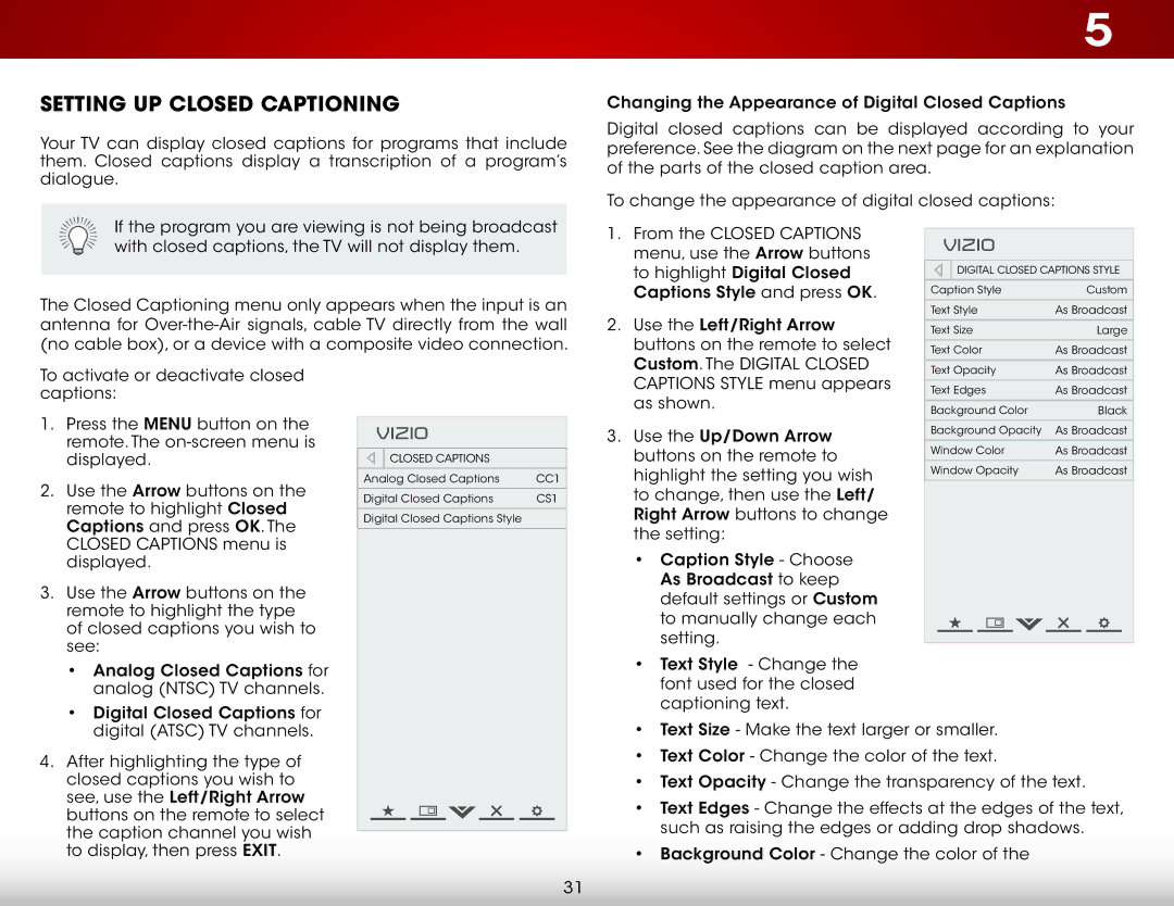 Vizio E221-A1 user manual Setting Up Closed Captioning 