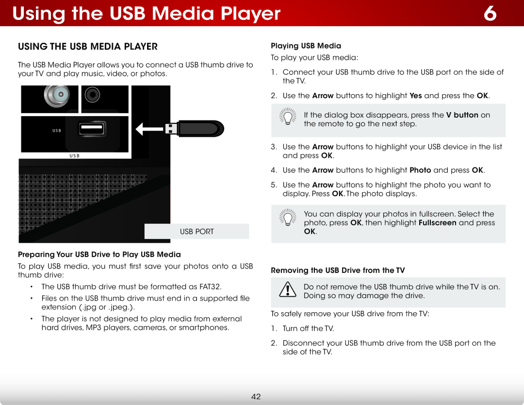 Vizio E221-A1 user manual Using the USB Media Player, USB Port 