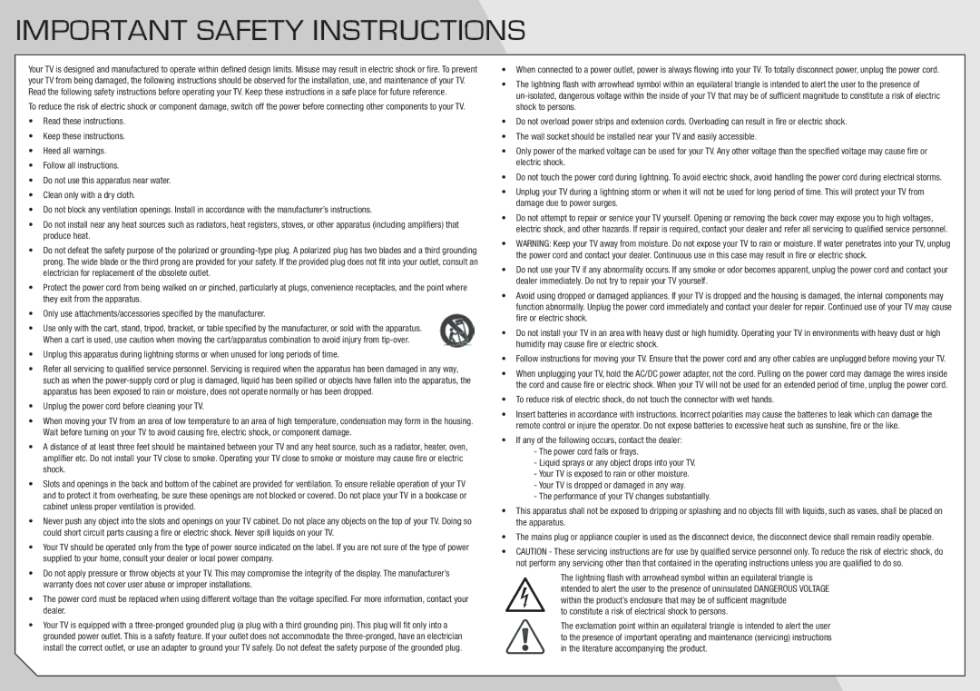 Vizio E221VA, E191VA manual Important Safety Instructions, Unplug the power cord before cleaning your TV 