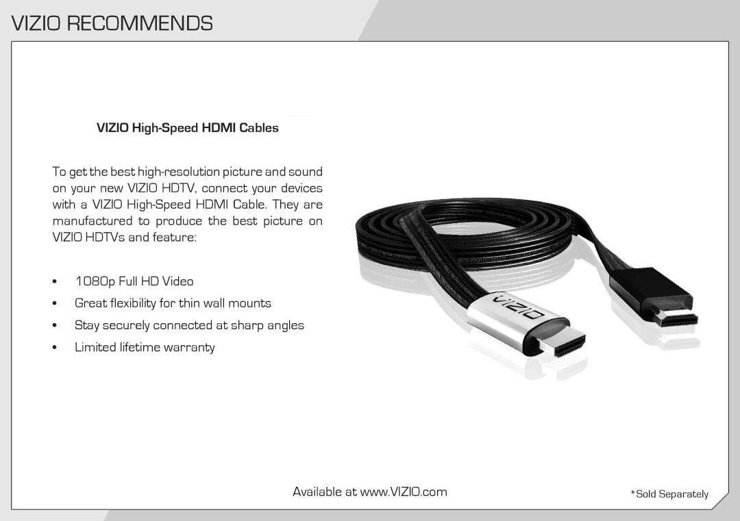 Vizio E191VA, E221VA manual Vizio Recommends, Vizio High-Speed Hdmi Cables 