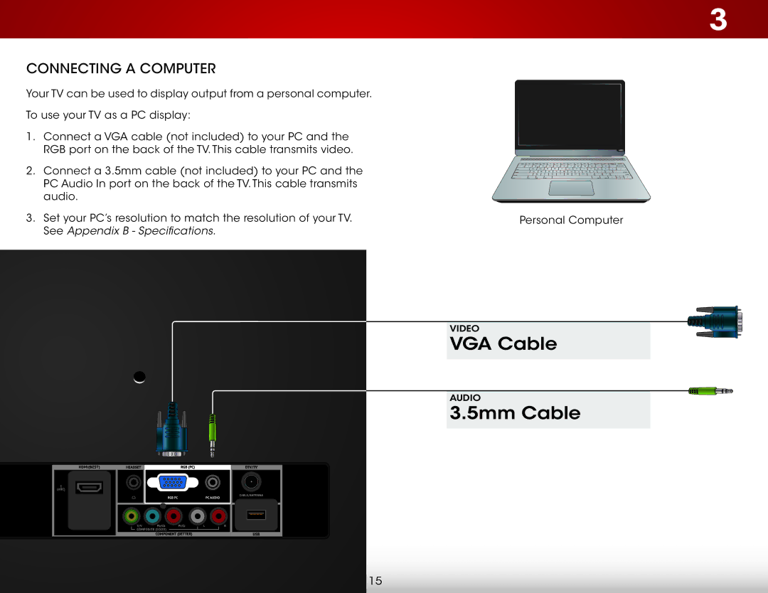 Vizio E231-B1 user manual 5mm Cable, Connecting a Computer 