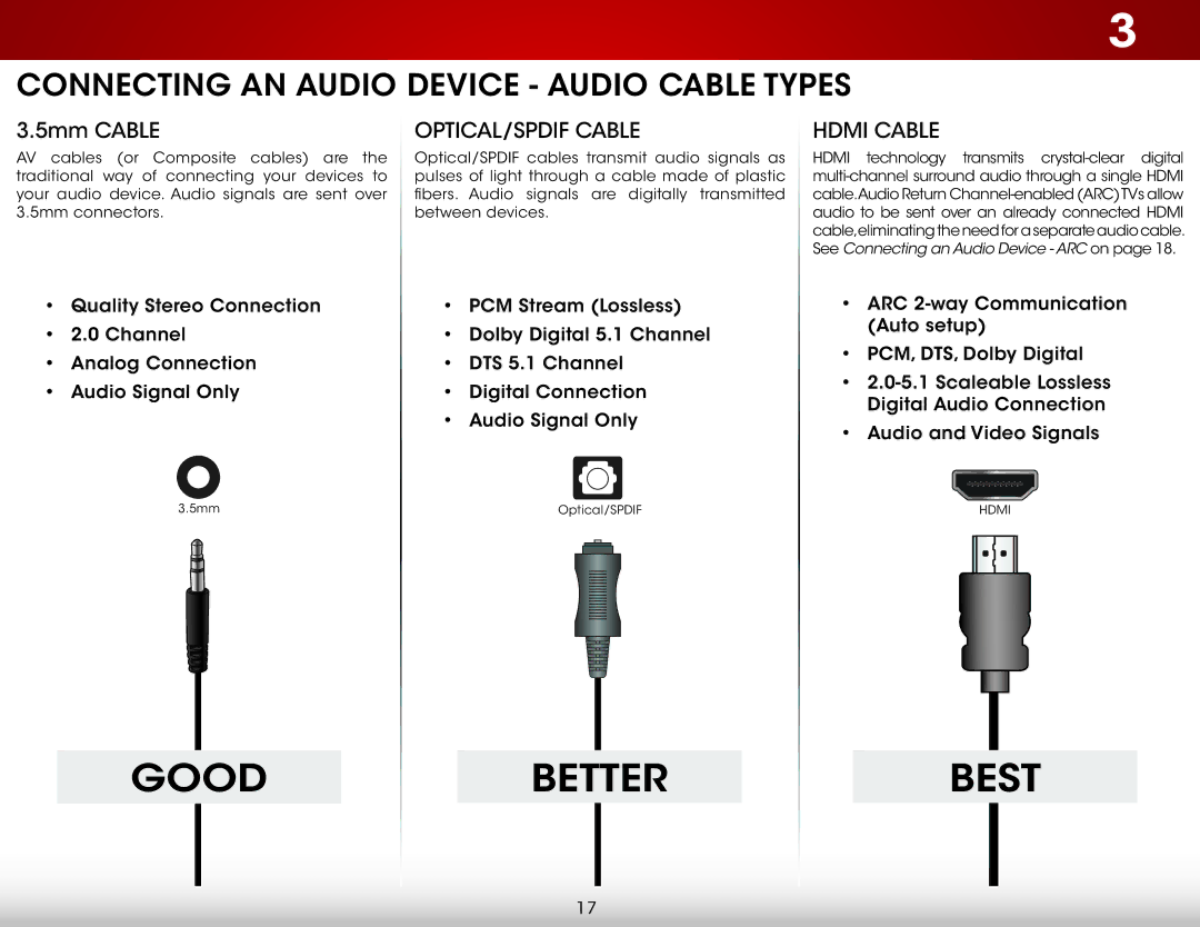 Vizio E231-B1 user manual Connecting an Audio Device Audio Cable Types, 5mm Cable 