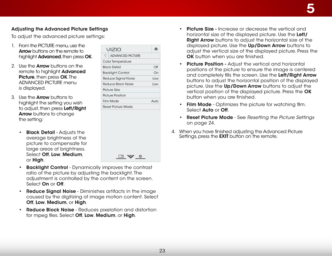 Vizio E231-B1 user manual Reset Picture Mode See Resetting the Picture Settings 