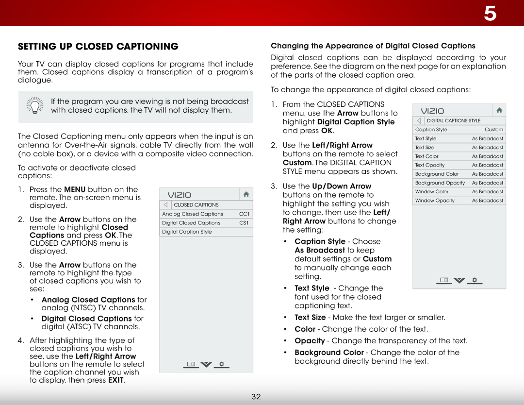 Vizio E231-B1 user manual Setting Up Closed Captioning 