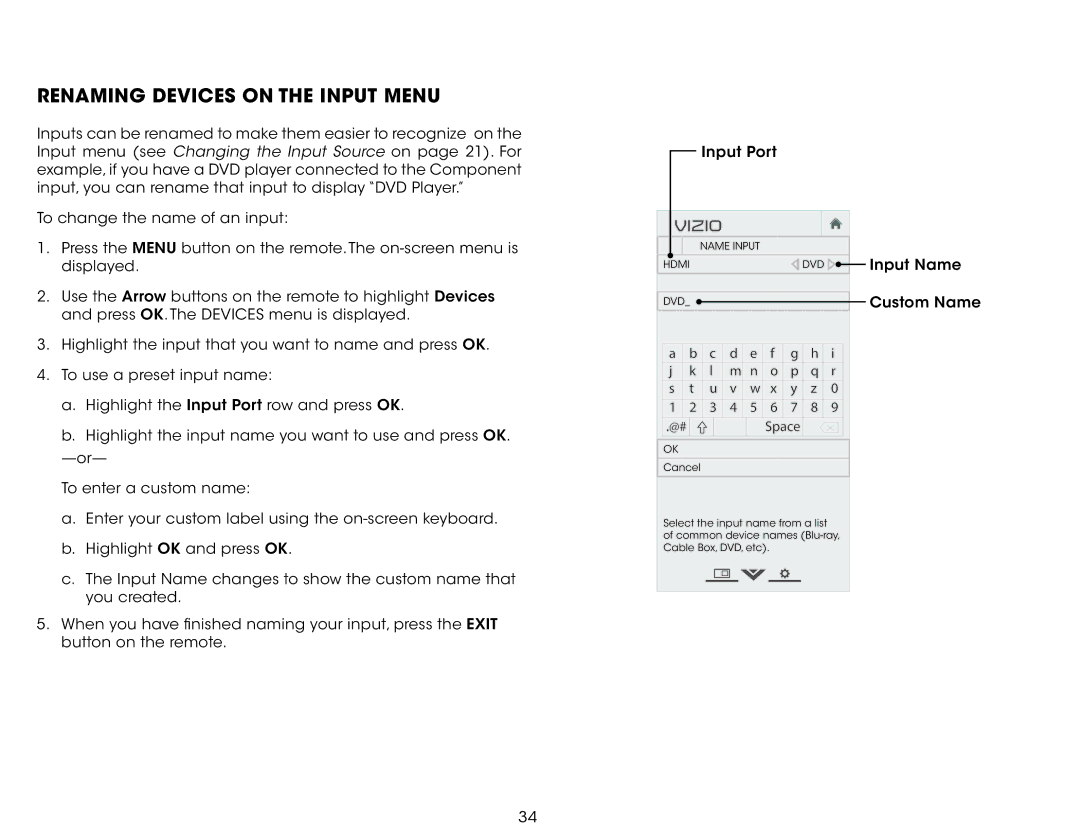 Vizio E231-B1 user manual Renaming Devices on the Input Menu, Space 